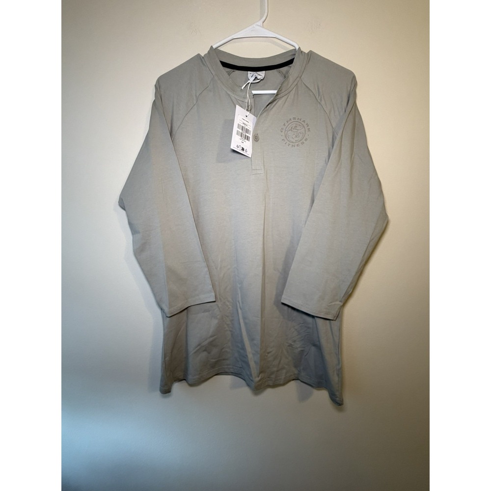 Gymshark Legacy Henley Shirt Men's Size medium Stone Gray 3/4 Sleeve Logo NWT